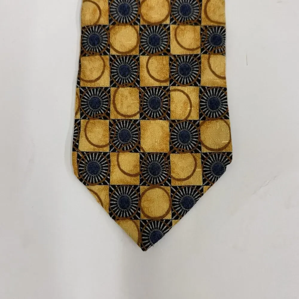 Ermenegildo Zegna Gold Navy Geometric Medallion Silk Tie Made in Italy Disegno